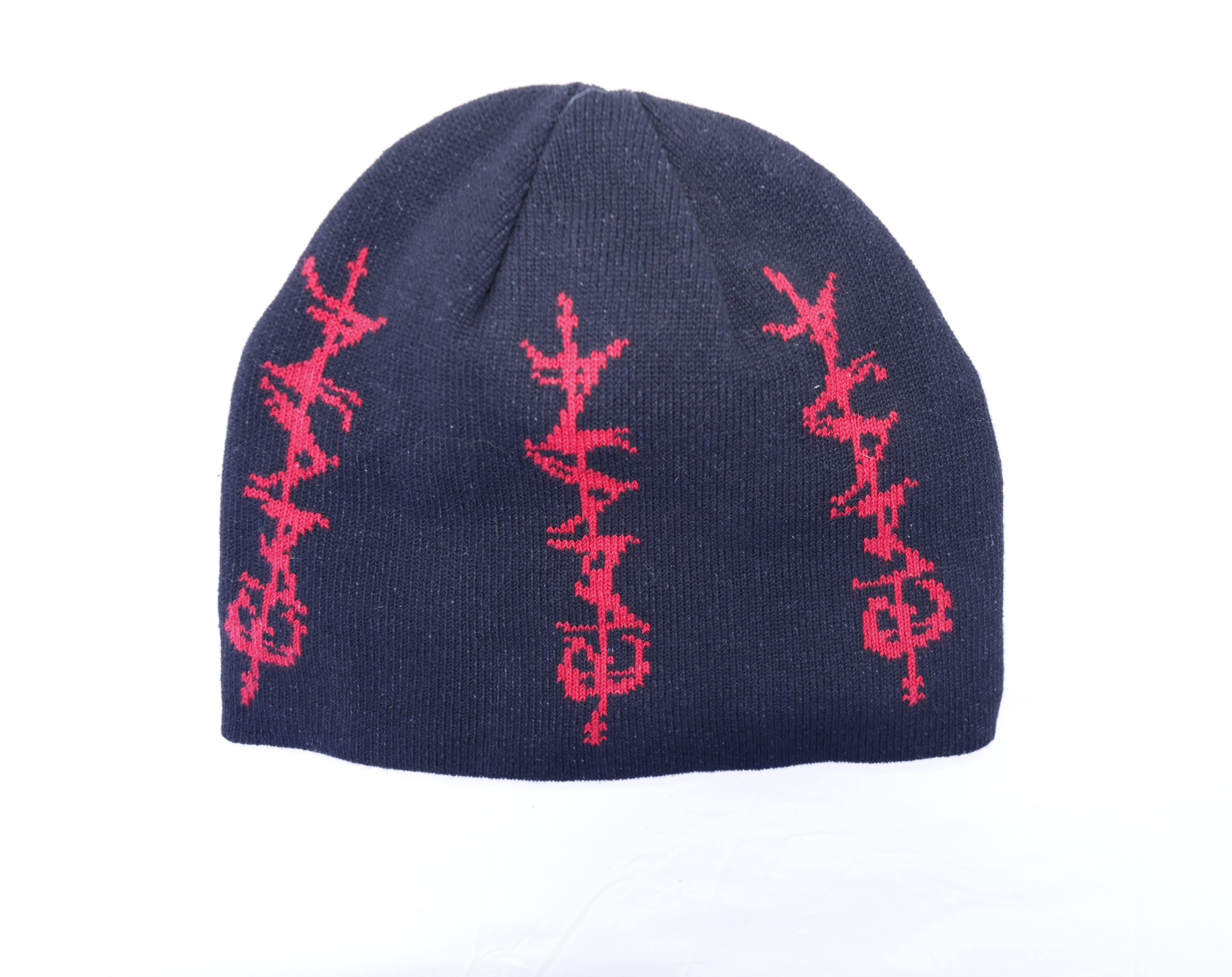black beanie with red patterns on a white background