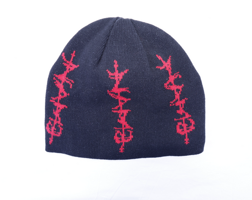 black beanie with red patterns on a white background